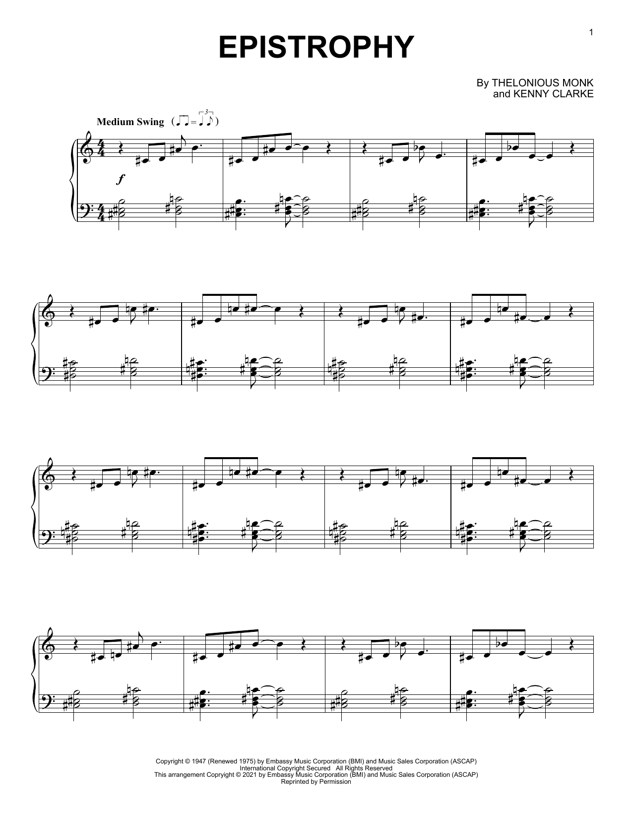 Thelonious Monk Epistrophy sheet music notes and chords arranged for Real Book – Melody & Chords – Eb Instruments