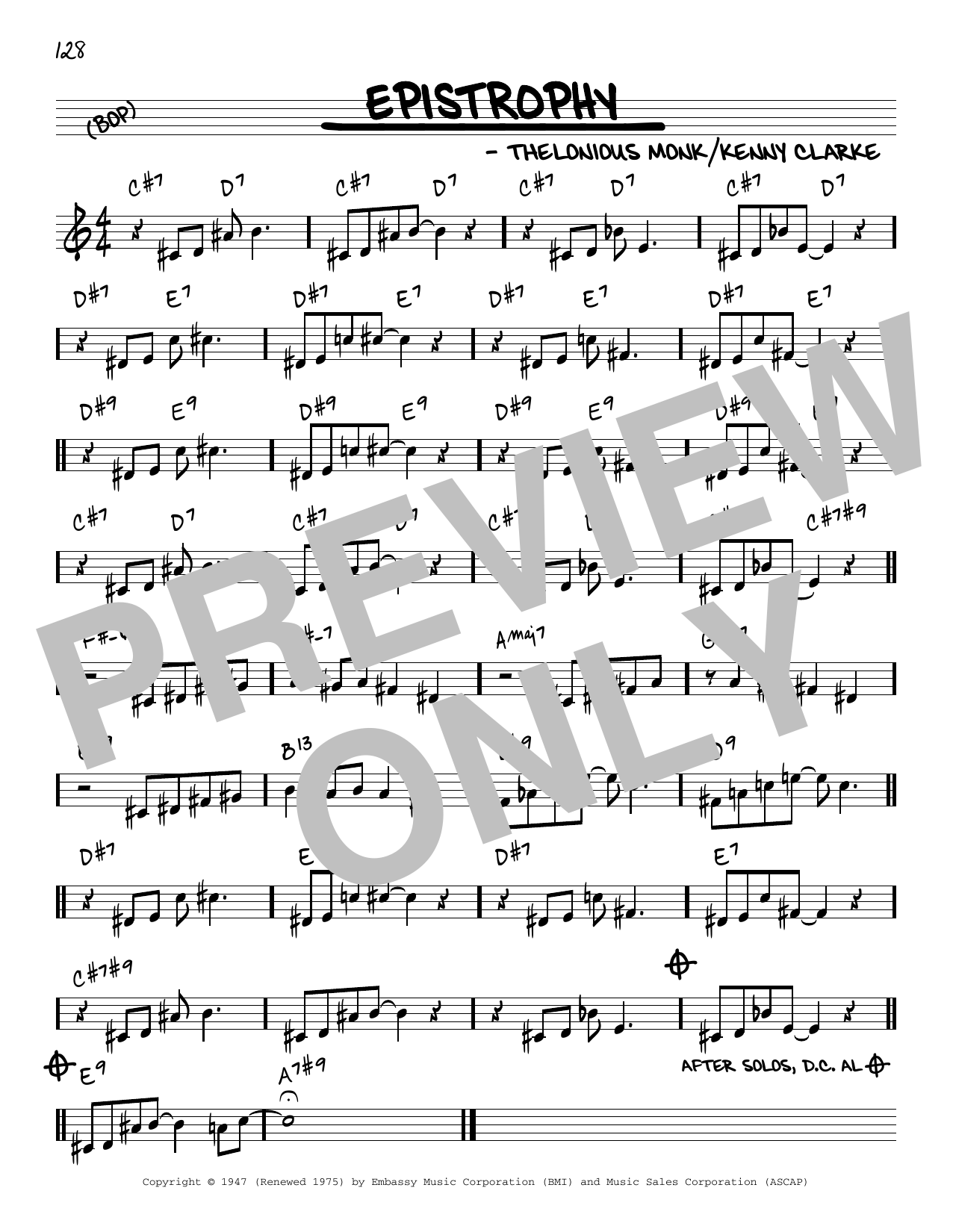 Thelonious Monk Epistrophy [Reharmonized version] (arr. Jack Grassel) sheet music notes and chords arranged for Real Book – Melody & Chords