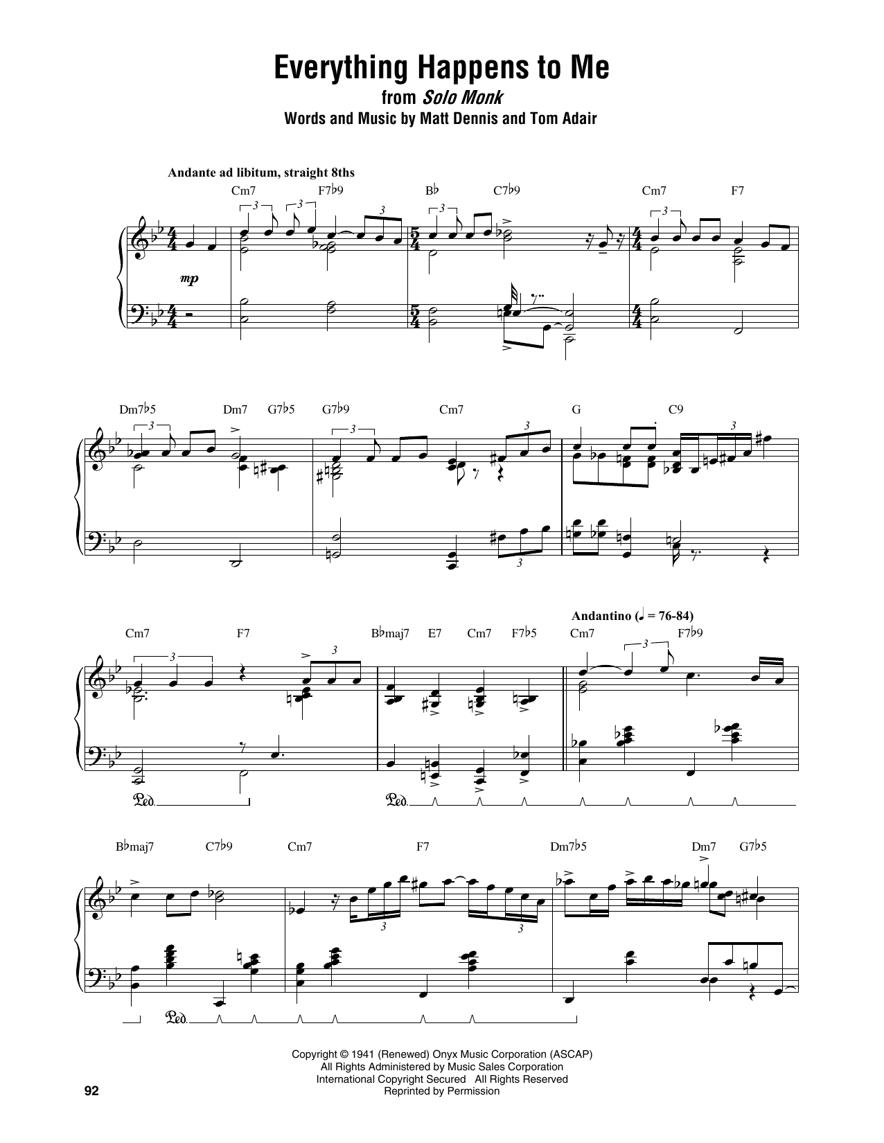 Thelonious Monk Everything Happens To Me sheet music notes and chords arranged for Piano Transcription