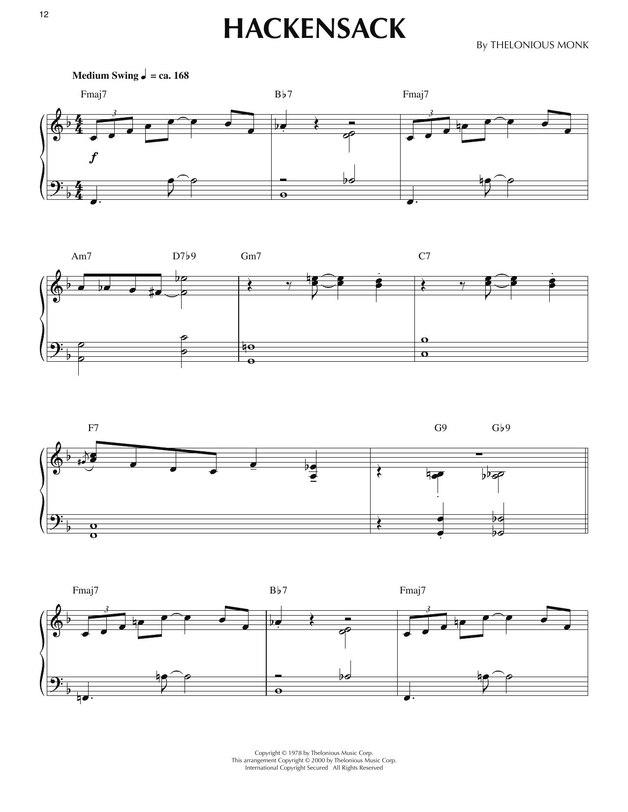 Thelonious Monk Hackensack (arr. Ronnie Mathews) sheet music notes and chords arranged for Piano Solo