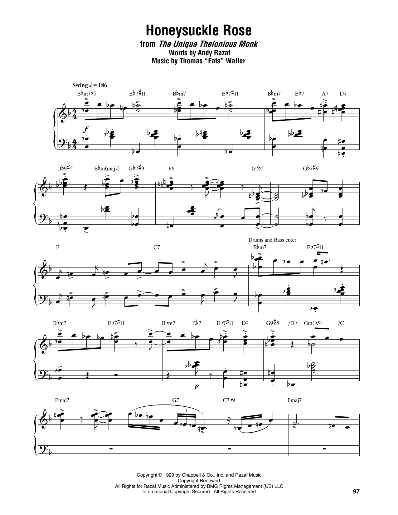 Thelonious Monk Honeysuckle Rose sheet music notes and chords arranged for Piano Transcription