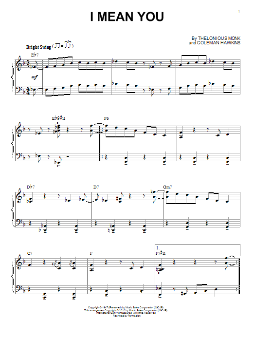 Thelonious Monk I Mean You (arr. Brent Edstrom) sheet music notes and chords arranged for Piano Solo