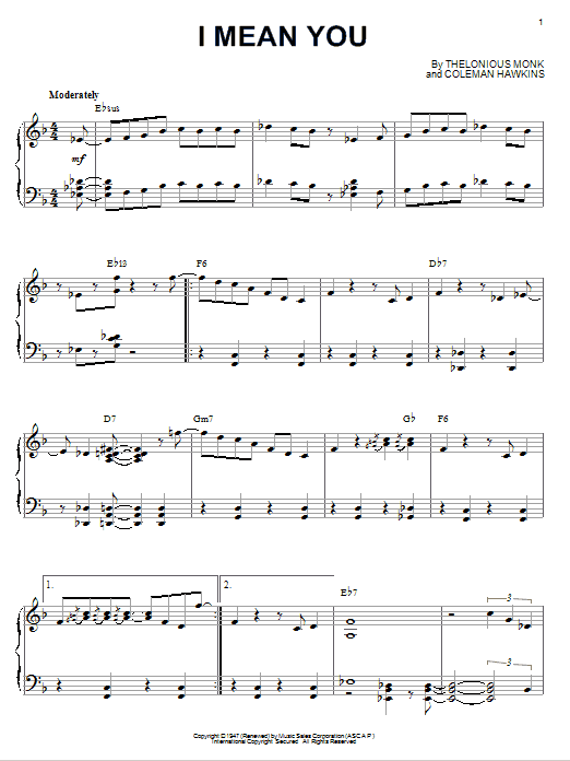 Thelonious Monk I Mean You sheet music notes and chords arranged for Piano Transcription