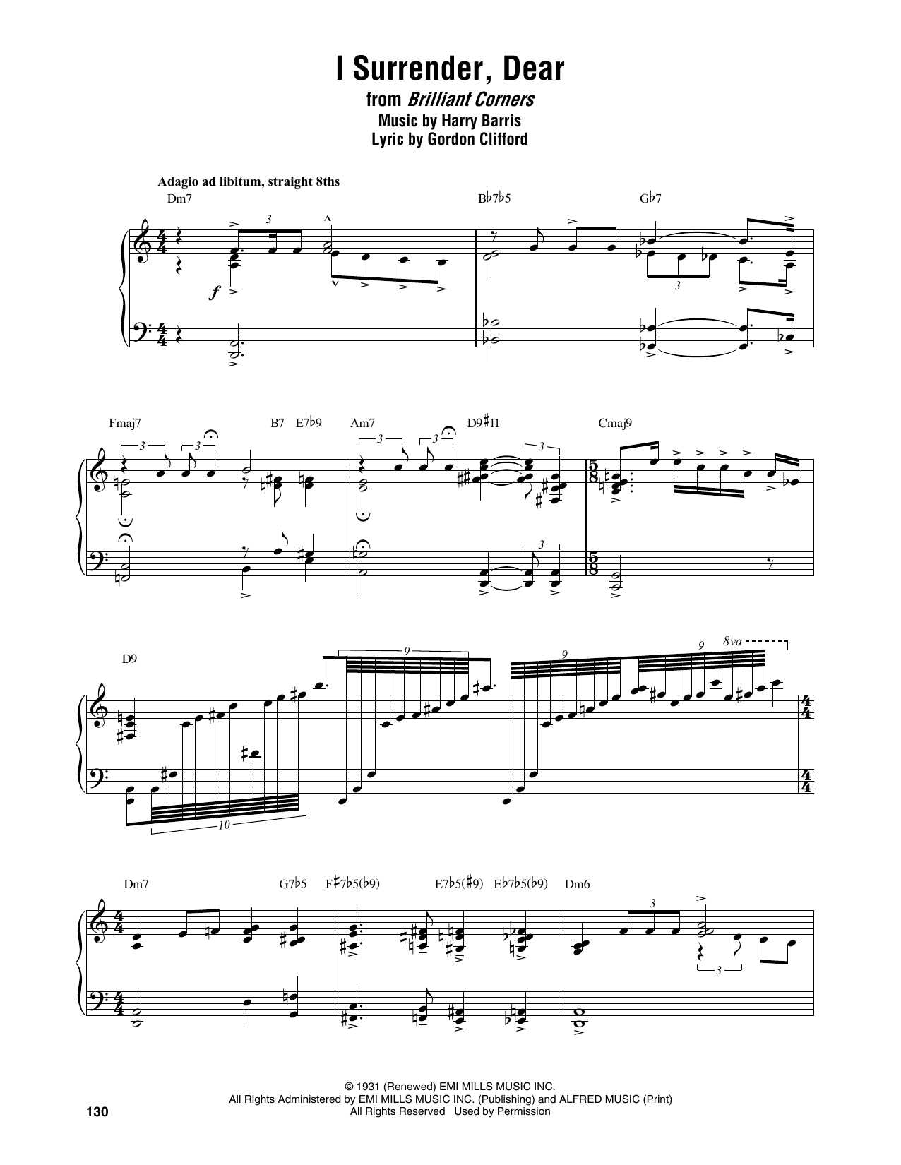 Thelonious Monk I Surrender, Dear sheet music notes and chords arranged for Piano Transcription
