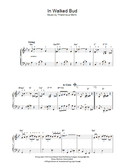 Thelonious Monk In Walked Bud sheet music notes and chords arranged for Piano Transcription