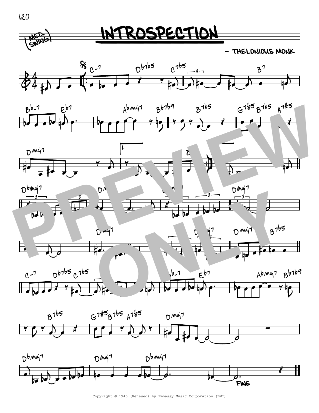Thelonious Monk Introspection sheet music notes and chords arranged for Real Book – Melody & Chords