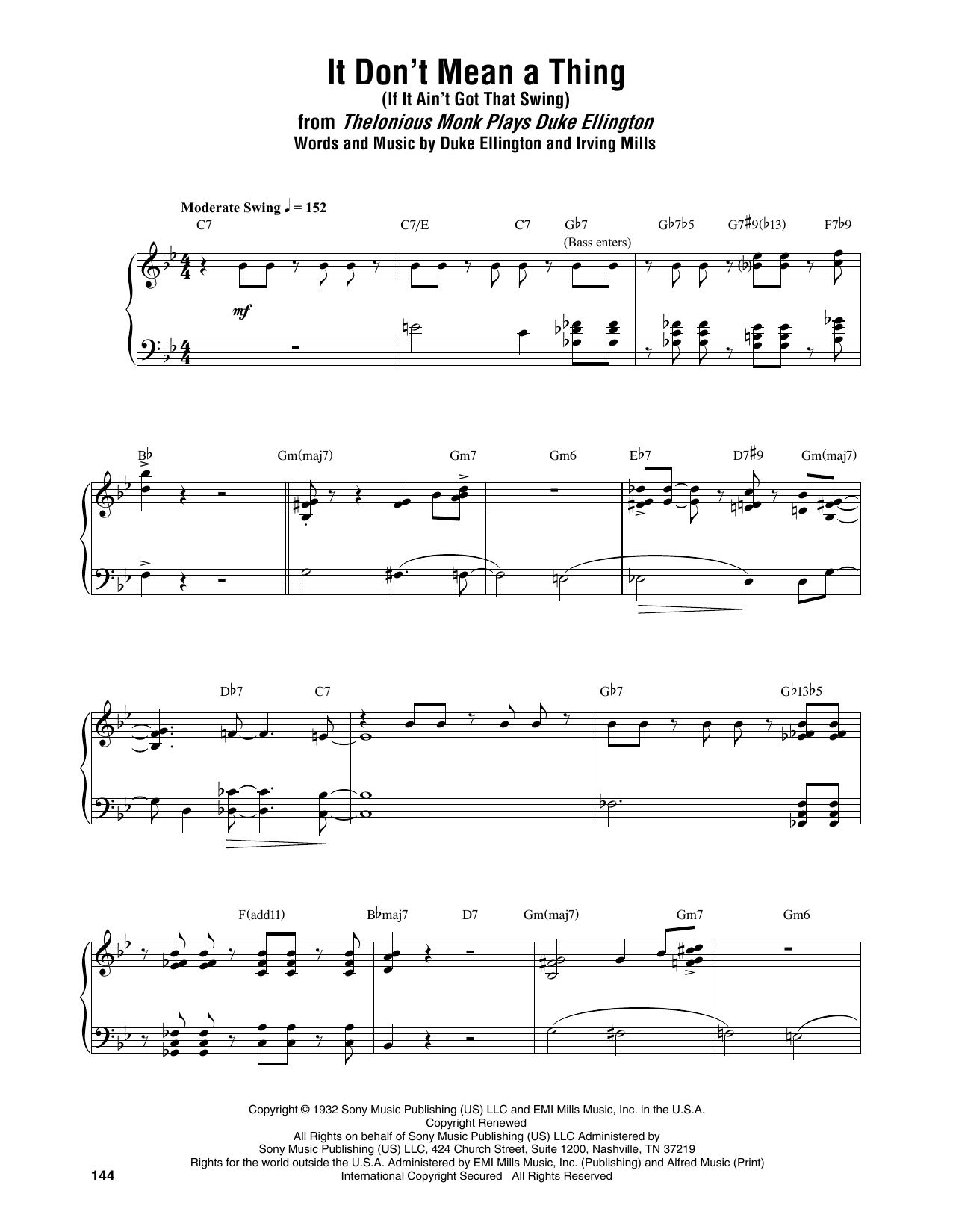 Thelonious Monk It Don't Mean A Thing (If It Ain't Got That Swing) sheet music notes and chords arranged for Piano Transcription