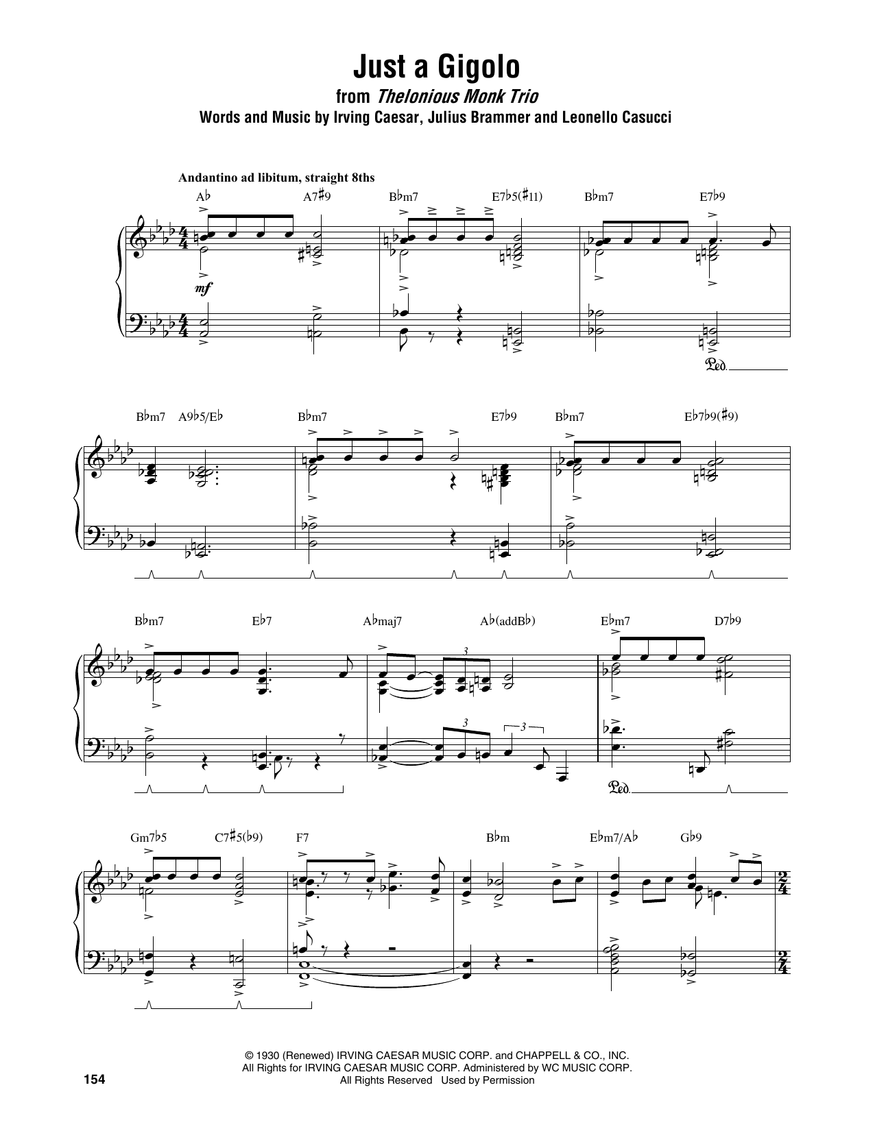 Thelonious Monk Just A Gigolo sheet music notes and chords arranged for Piano Transcription