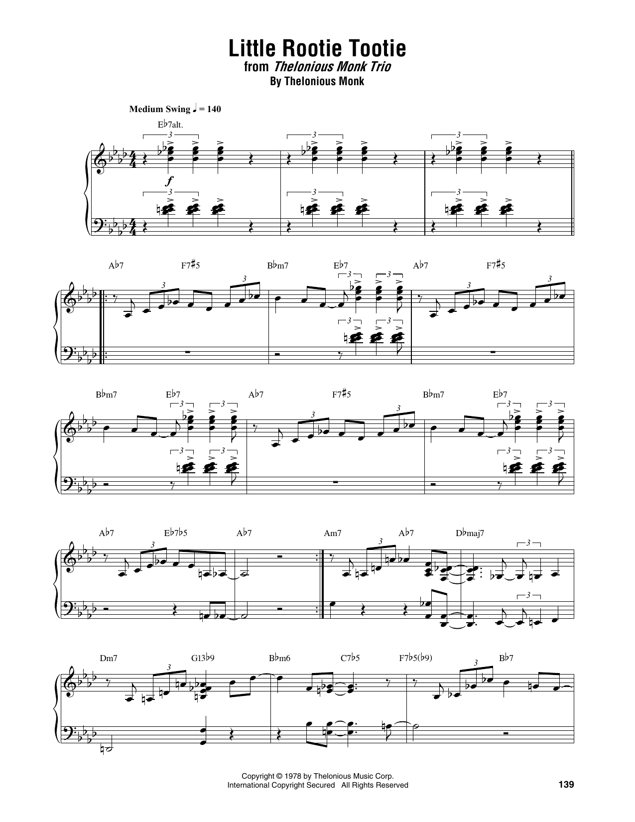Thelonious Monk Little Rootie Tootie sheet music notes and chords arranged for Piano Transcription