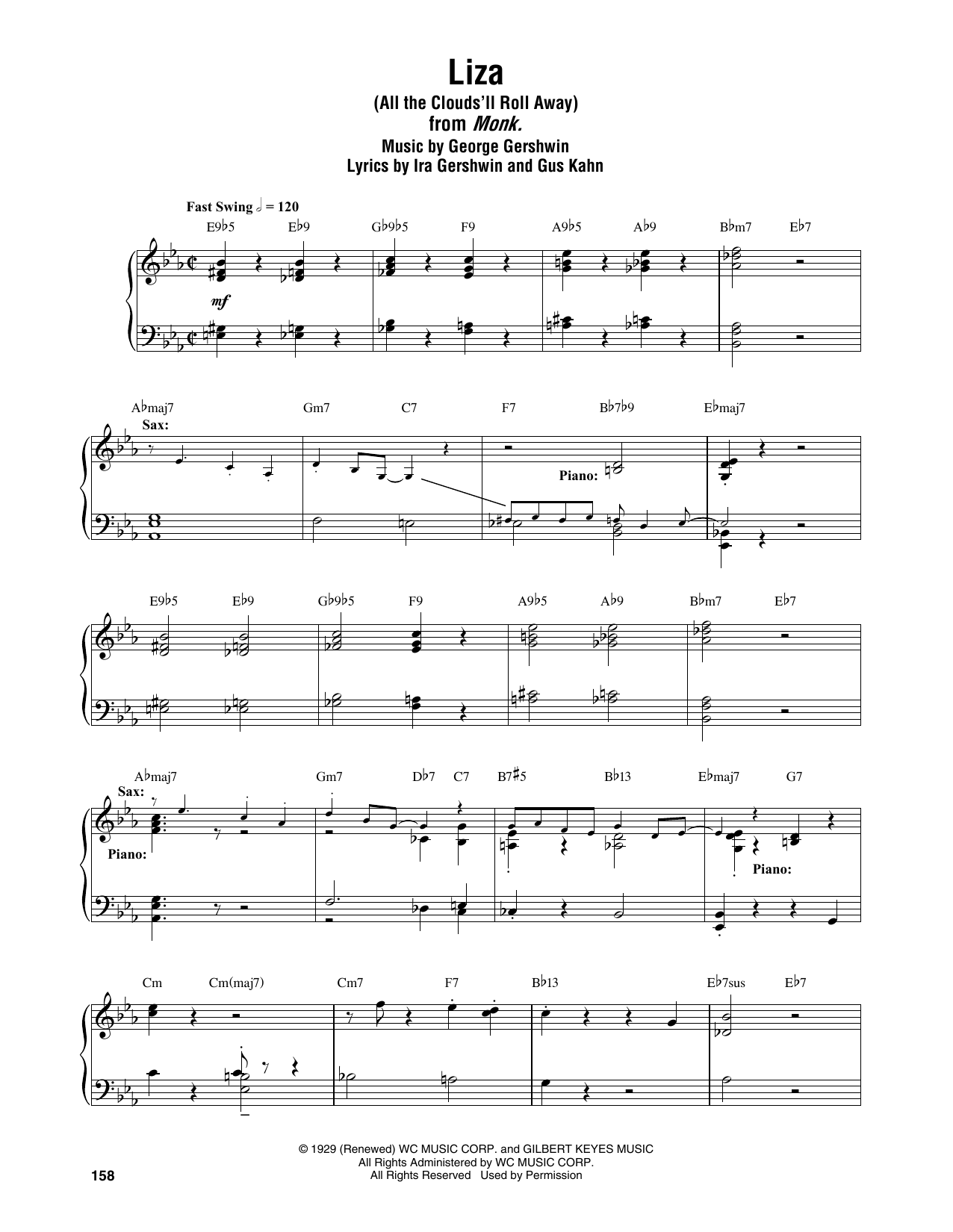 Thelonious Monk Liza (All The Clouds'll Roll Away) sheet music notes and chords arranged for Piano Transcription