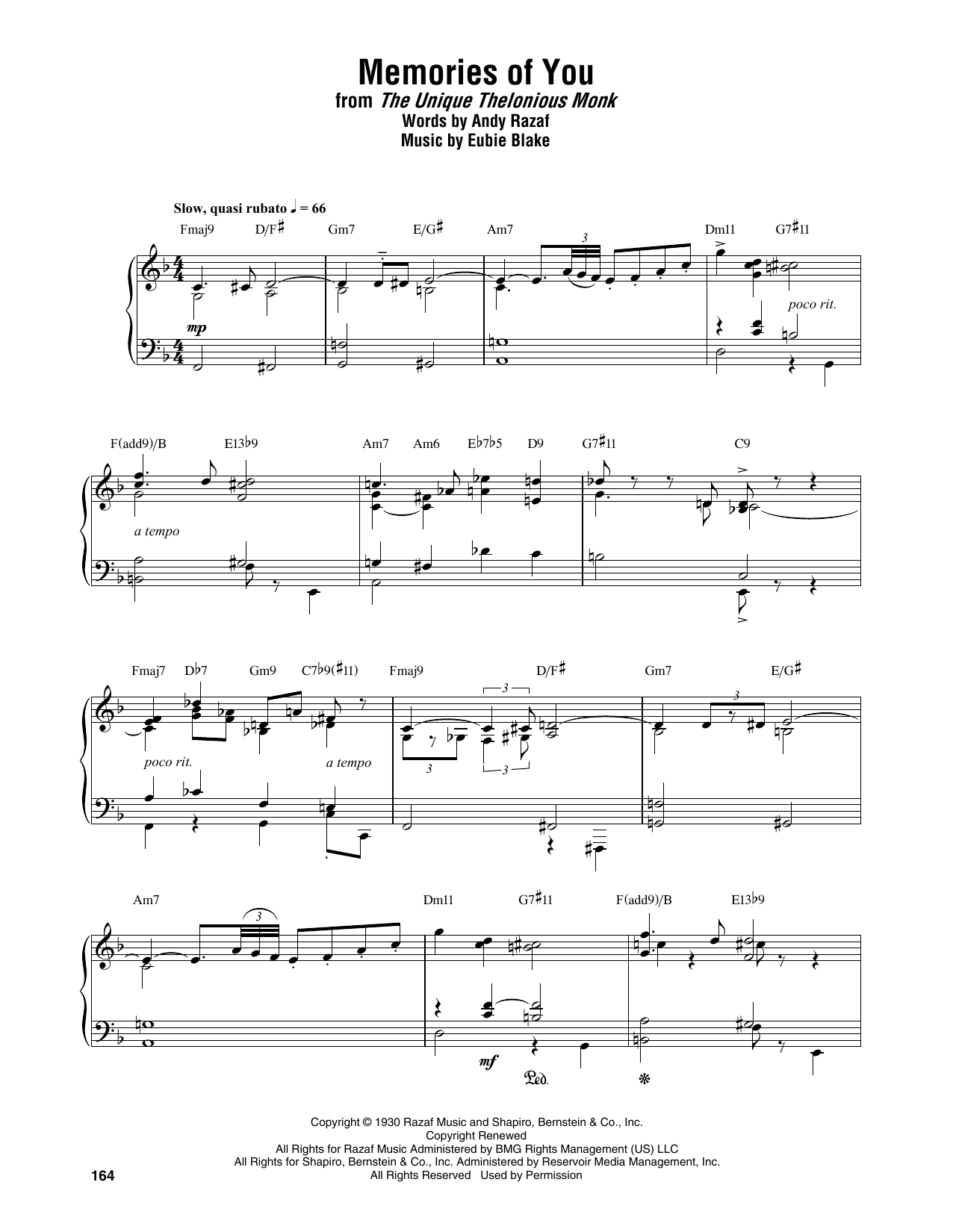 Thelonious Monk Memories Of You sheet music notes and chords arranged for Piano Transcription