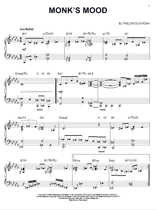 Thelonious Monk Monk's Mood (arr. Brent Edstrom) sheet music notes and chords arranged for Piano Solo