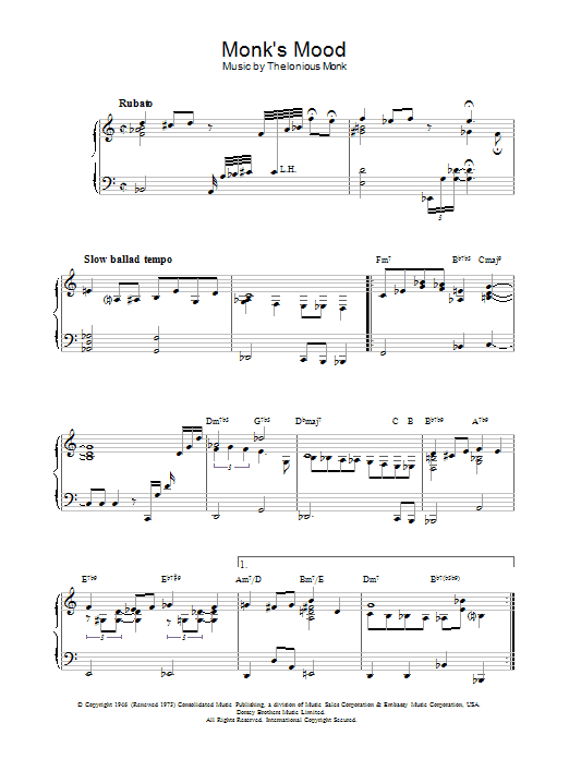 Thelonious Monk Monk's Mood sheet music notes and chords arranged for Piano Transcription