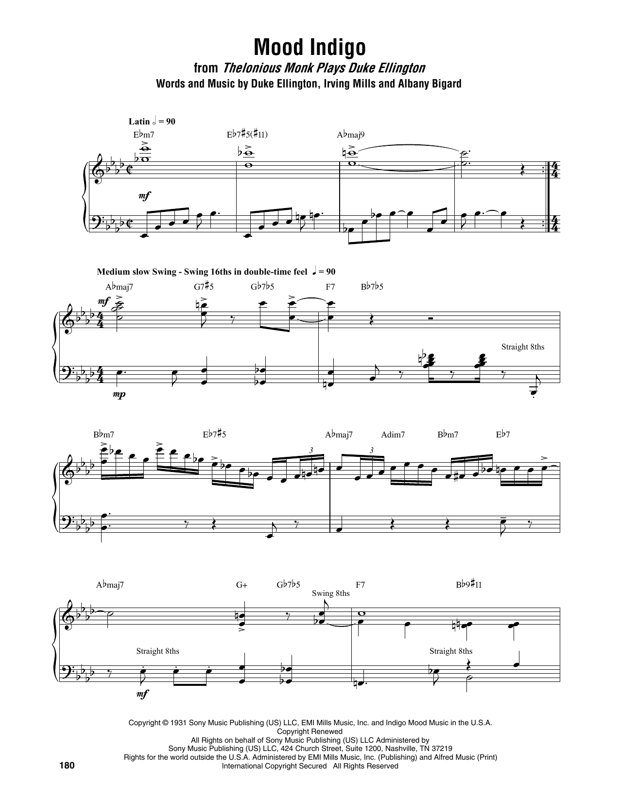 Thelonious Monk Mood Indigo sheet music notes and chords arranged for Piano Transcription
