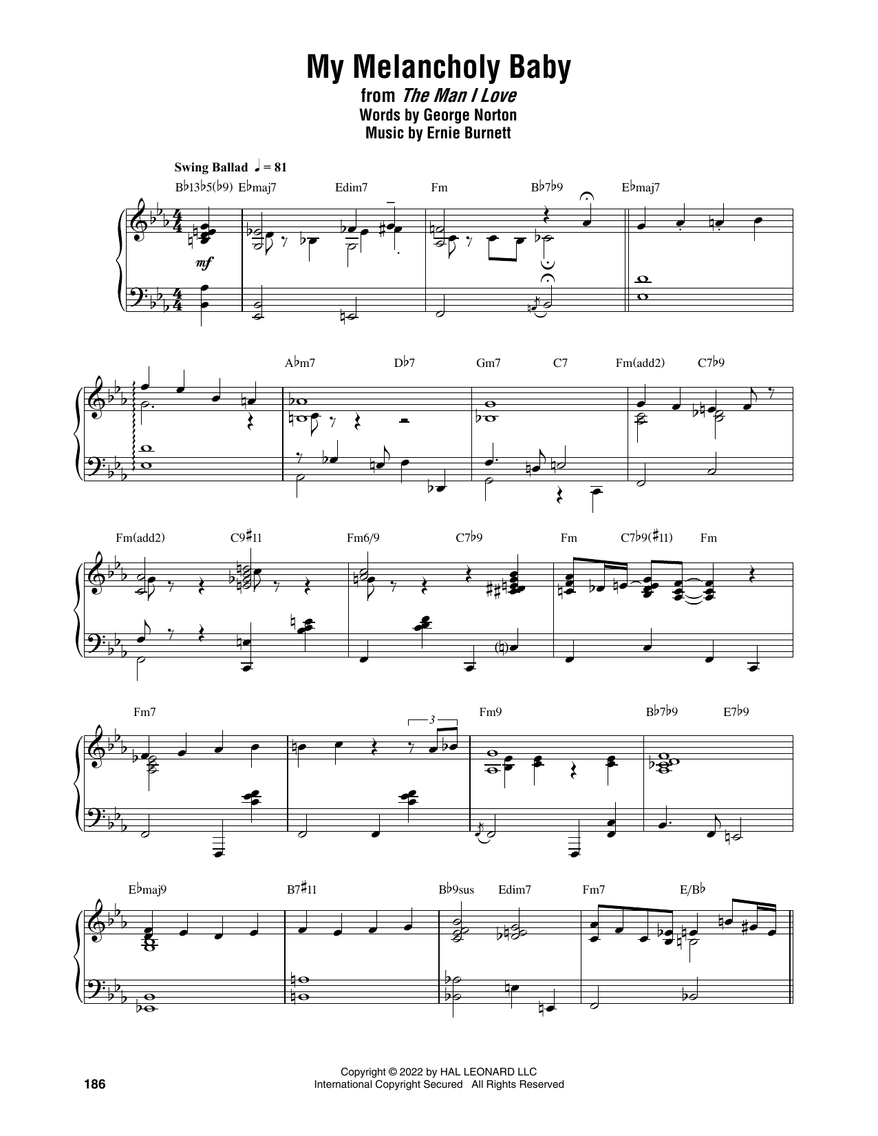 Thelonious Monk My Melancholy Baby sheet music notes and chords arranged for Piano Transcription