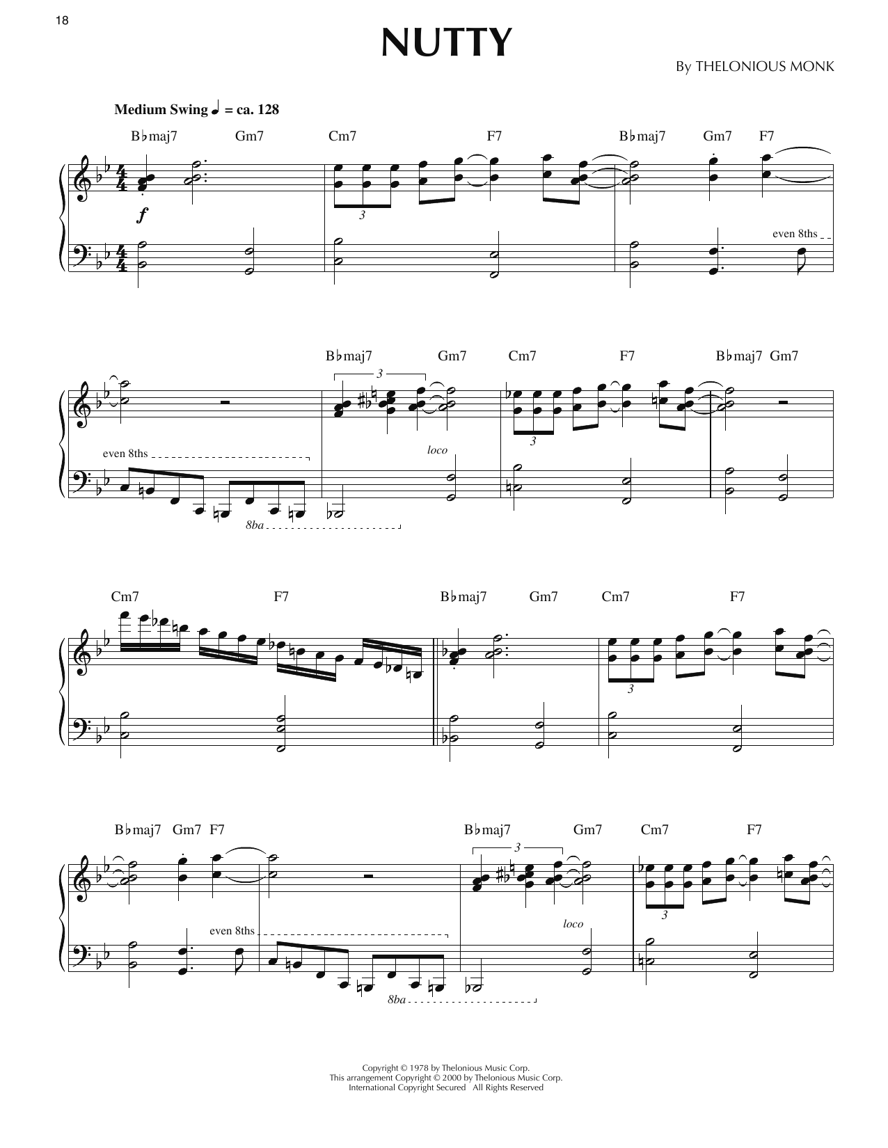 Thelonious Monk Nutty (arr. Ronnie Mathews) sheet music notes and chords arranged for Piano Solo