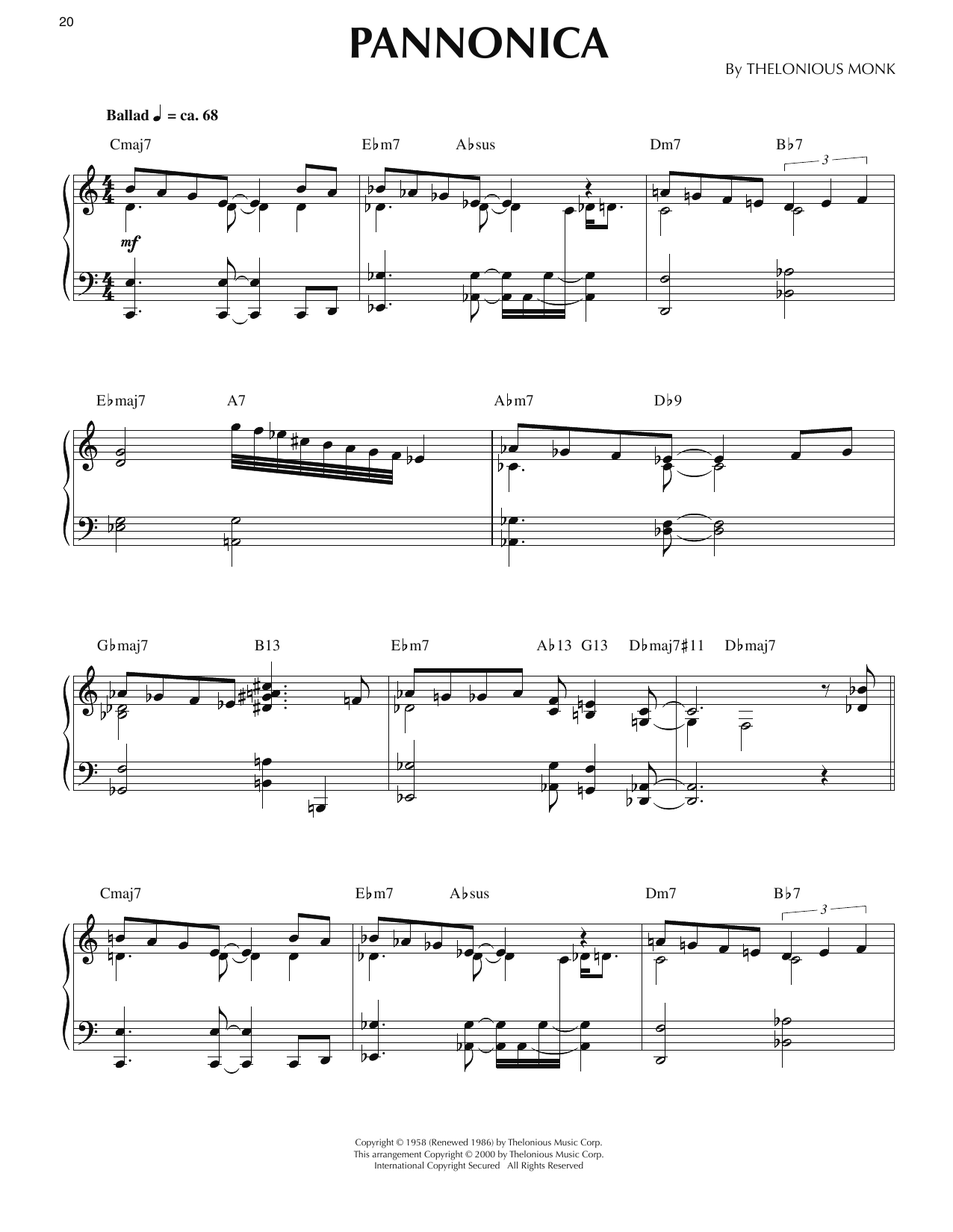 Thelonious Monk Pannonica (arr. Ronnie Mathews) sheet music notes and chords arranged for Piano Solo
