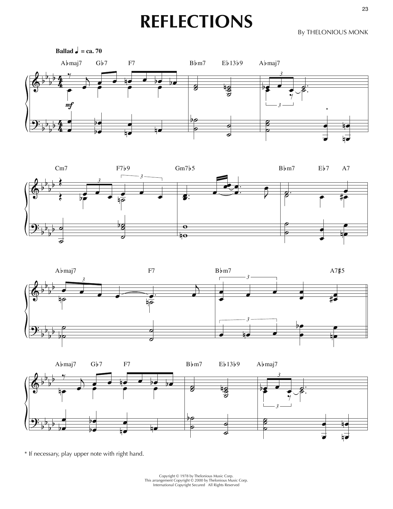 Thelonious Monk Reflections (arr. Ronnie Mathews) sheet music notes and chords arranged for Piano Solo