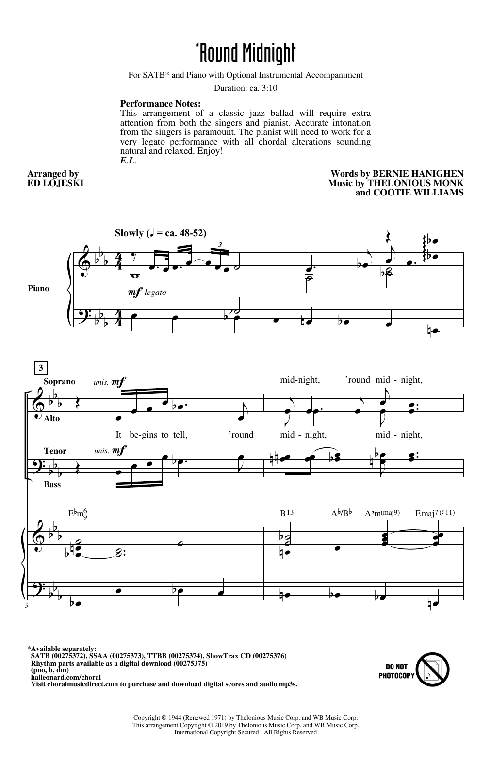 Thelonious Monk 'Round Midnight (arr. Ed Lojeski) sheet music notes and chords arranged for SSA Choir