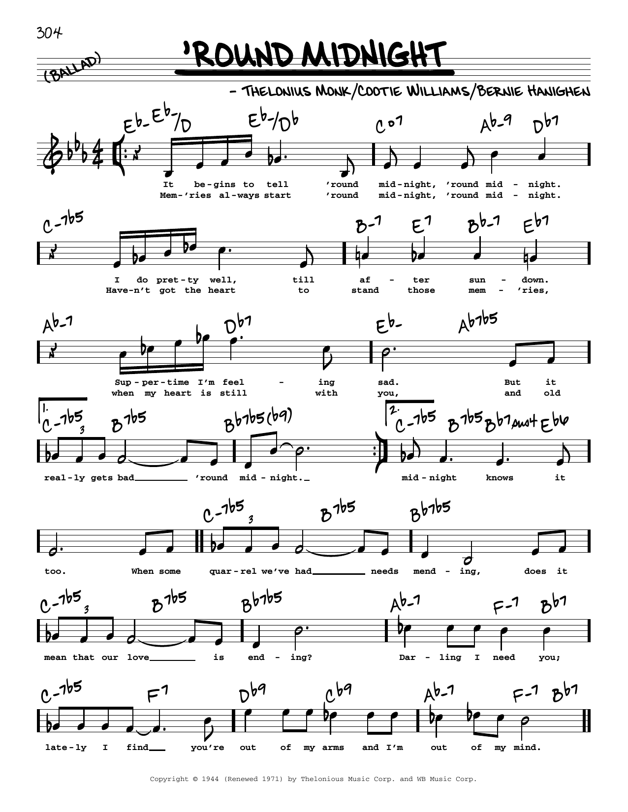 Thelonious Monk 'Round Midnight (High Voice) sheet music notes and chords arranged for Real Book – Melody, Lyrics & Chords
