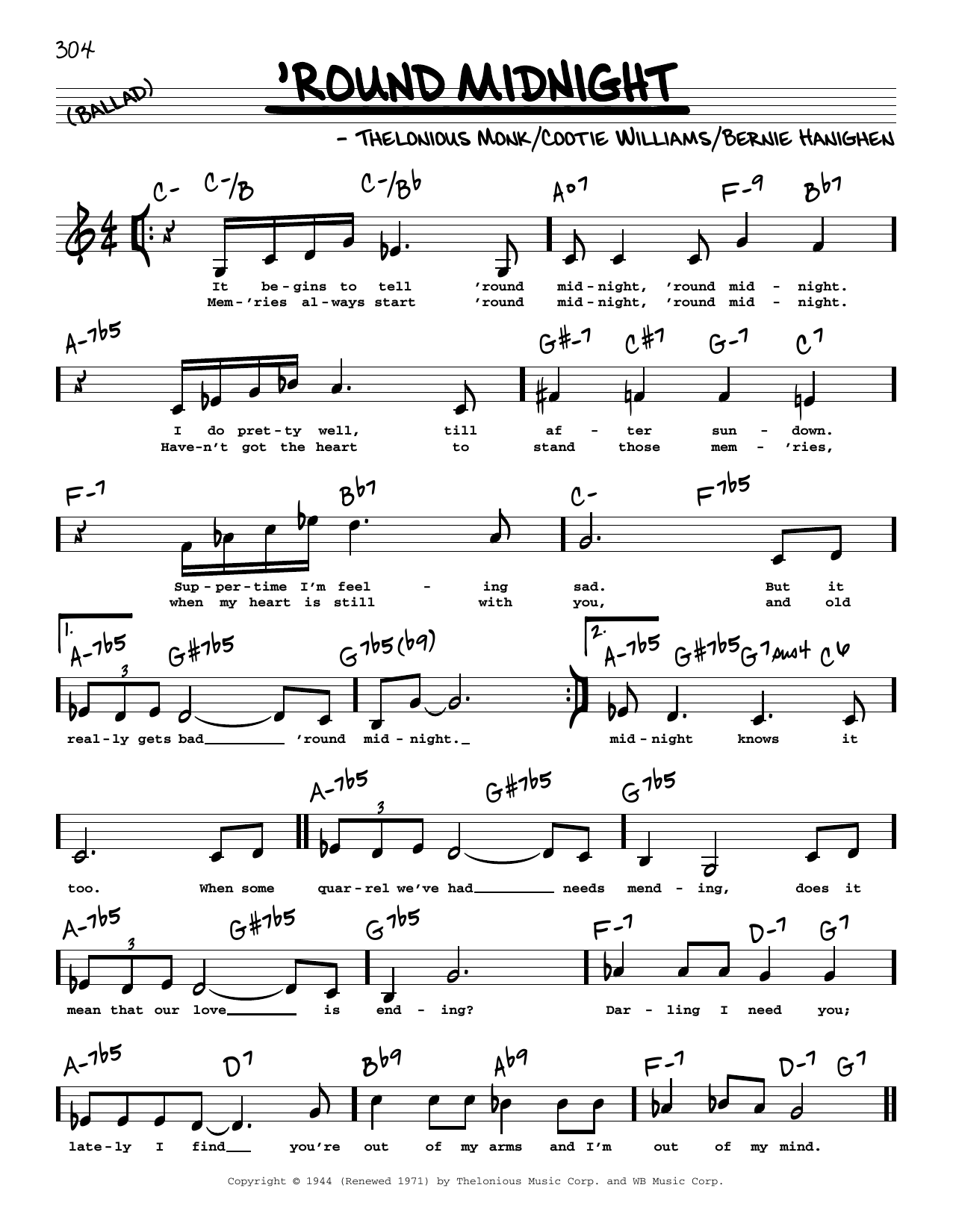 Thelonious Monk 'Round Midnight (Low Voice) sheet music notes and chords arranged for Real Book – Melody, Lyrics & Chords