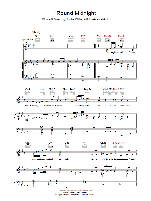 Thelonious Monk 'Round Midnight sheet music notes and chords arranged for Piano Transcription