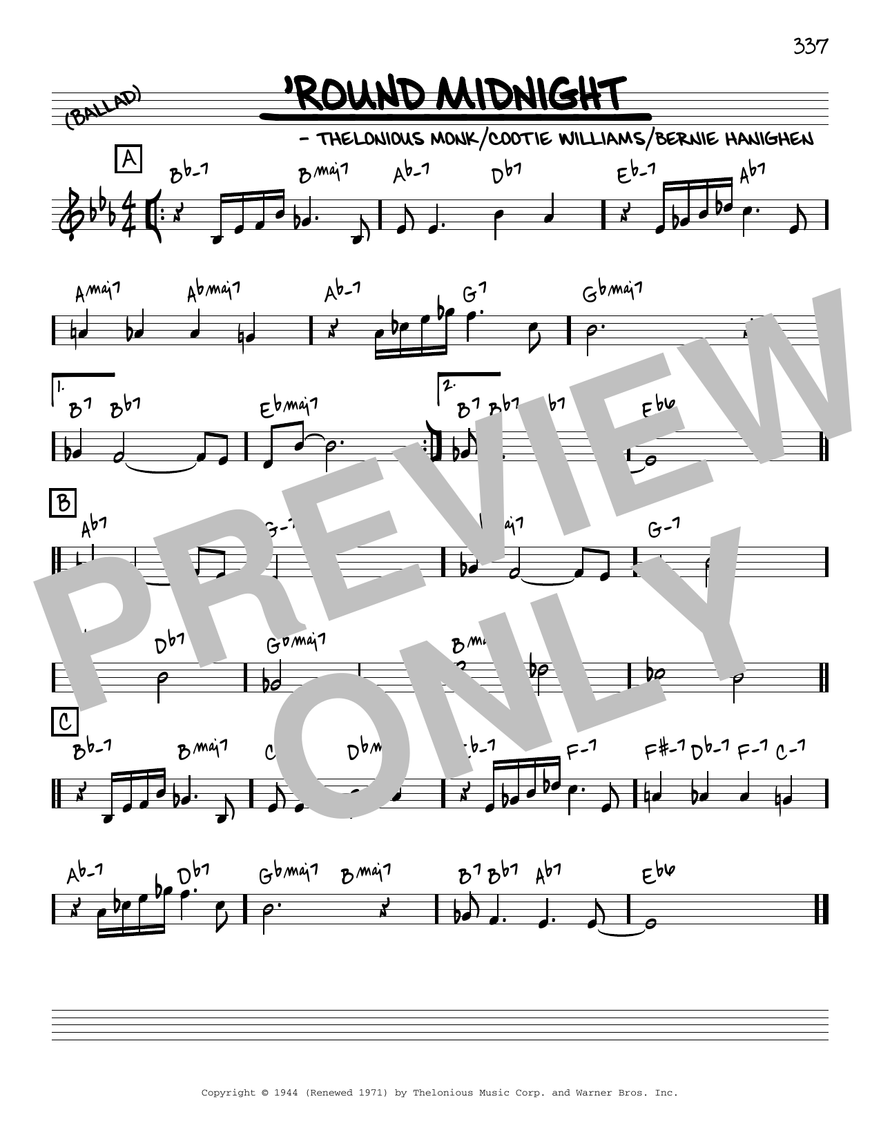 Thelonious Monk 'Round Midnight [Reharmonized version] (arr. Jack Grassel) sheet music notes and chords arranged for Real Book – Melody & Chords