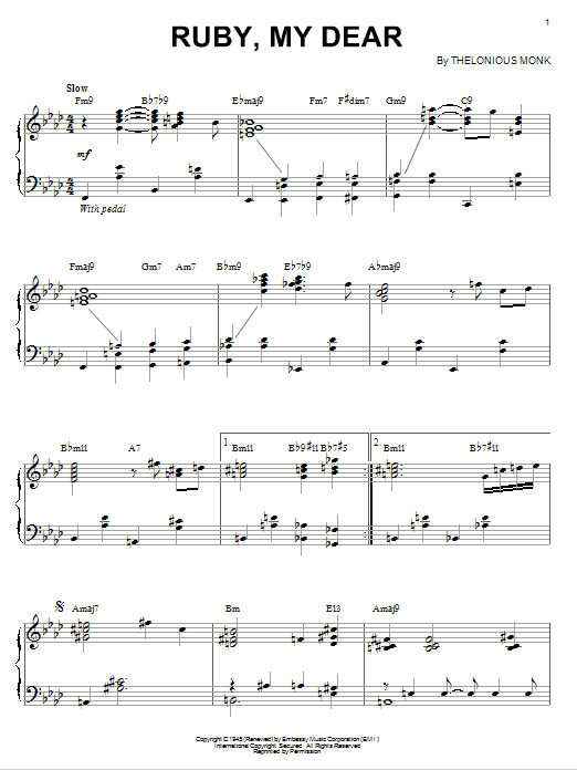 Thelonious Monk Ruby, My Dear sheet music notes and chords arranged for Solo Guitar