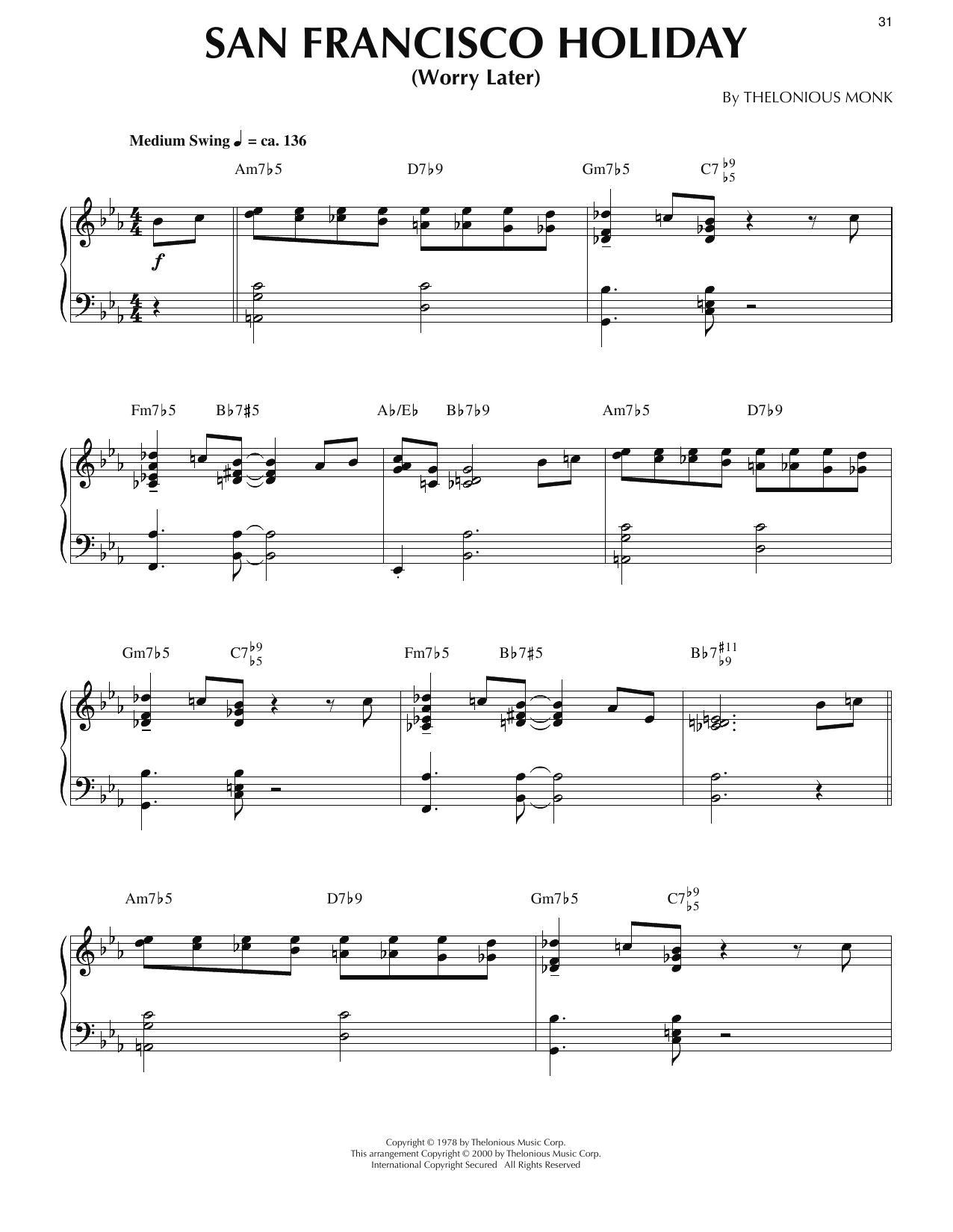 Thelonious Monk San Francisco Holiday (Worry Later) (arr. Ronnie Mathews) sheet music notes and chords arranged for Piano Solo