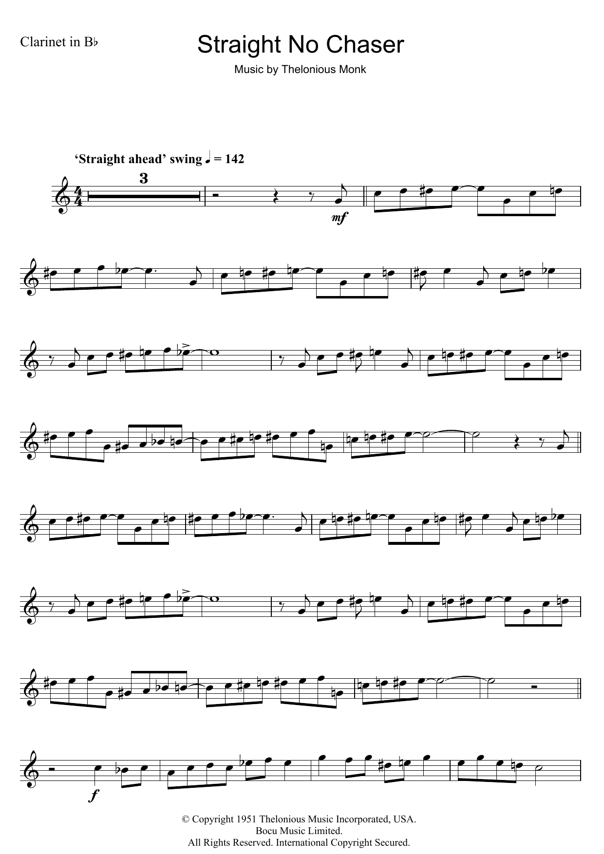 Thelonious Monk Straight No Chaser sheet music notes and chords arranged for Clarinet Solo
