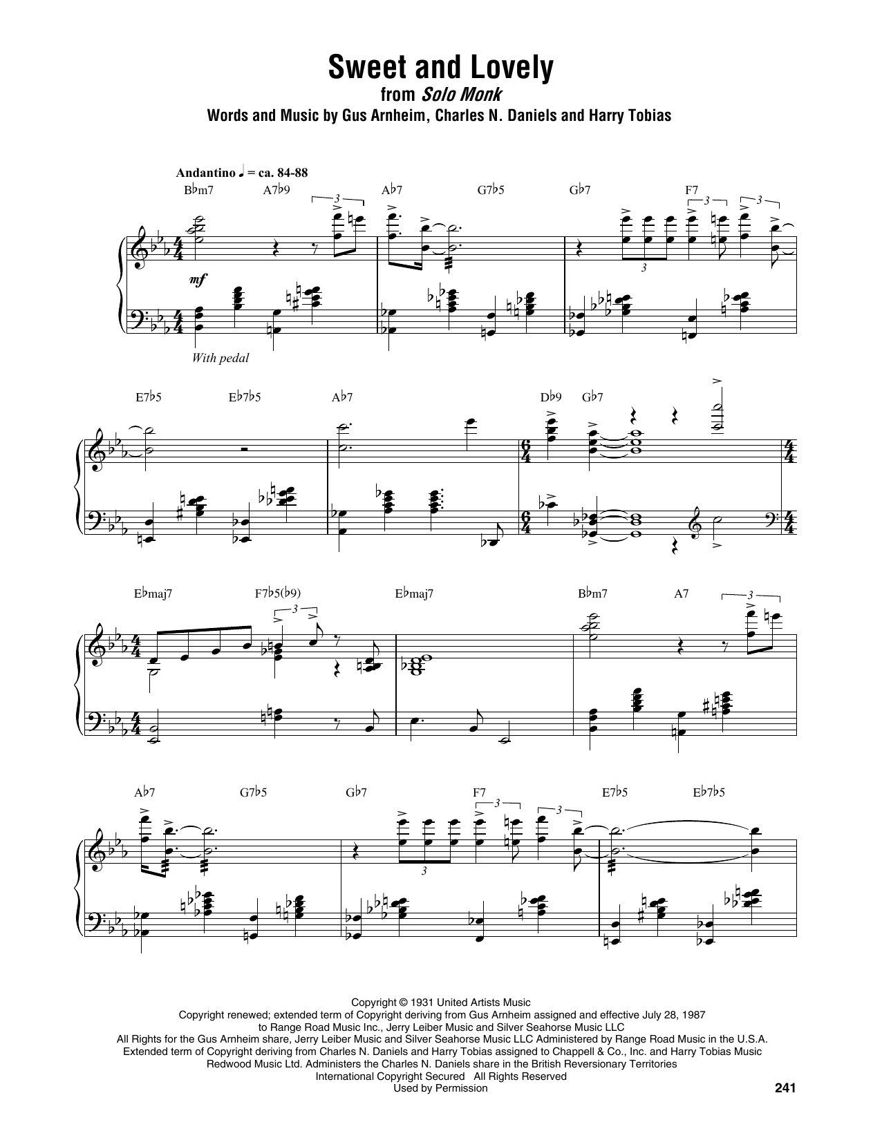 Thelonious Monk Sweet And Lovely sheet music notes and chords arranged for Piano Transcription