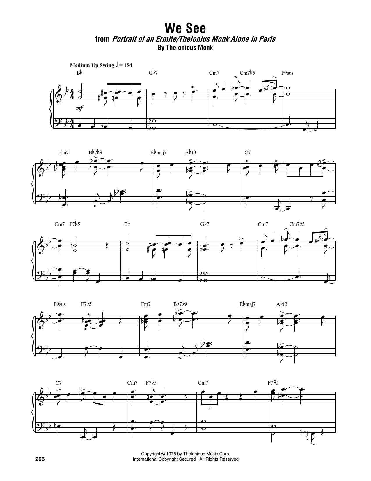 Thelonious Monk We See sheet music notes and chords arranged for Piano Transcription
