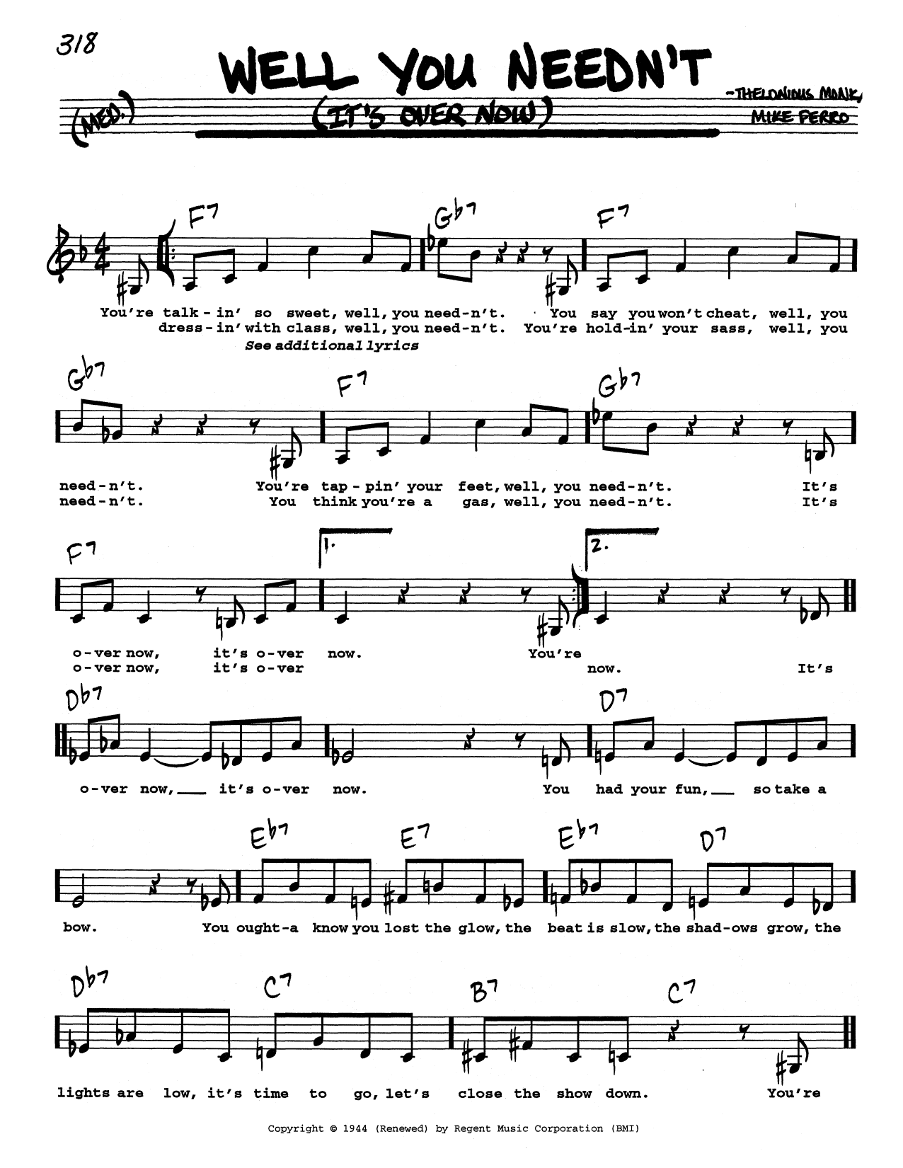 Thelonious Monk Well You Needn't (It's Over Now) (Low Voice) sheet music notes and chords arranged for Real Book – Melody, Lyrics & Chords