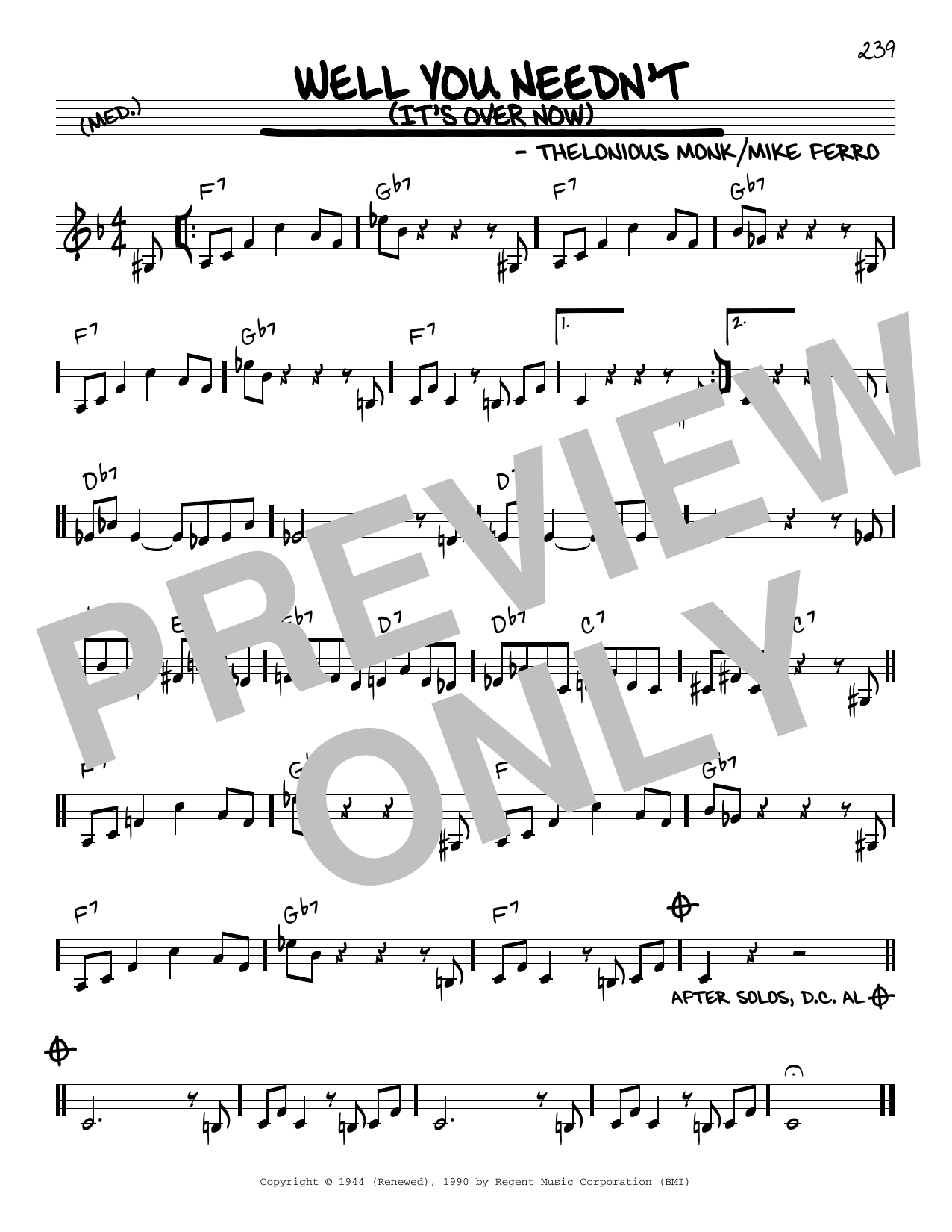 Thelonious Monk Well You Needn't (It's Over Now) sheet music notes and chords arranged for Real Book – Melody, Lyrics & Chords