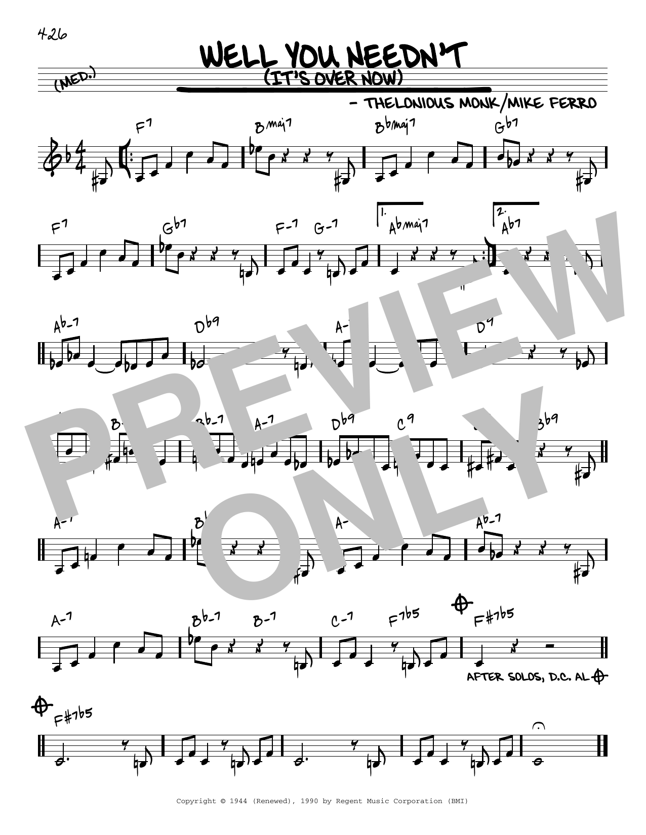Thelonious Monk Well You Needn't (It's Over Now) [Reharmonized version] (arr. Jack Grassel) sheet music notes and chords arranged for Real Book – Melody & Chords