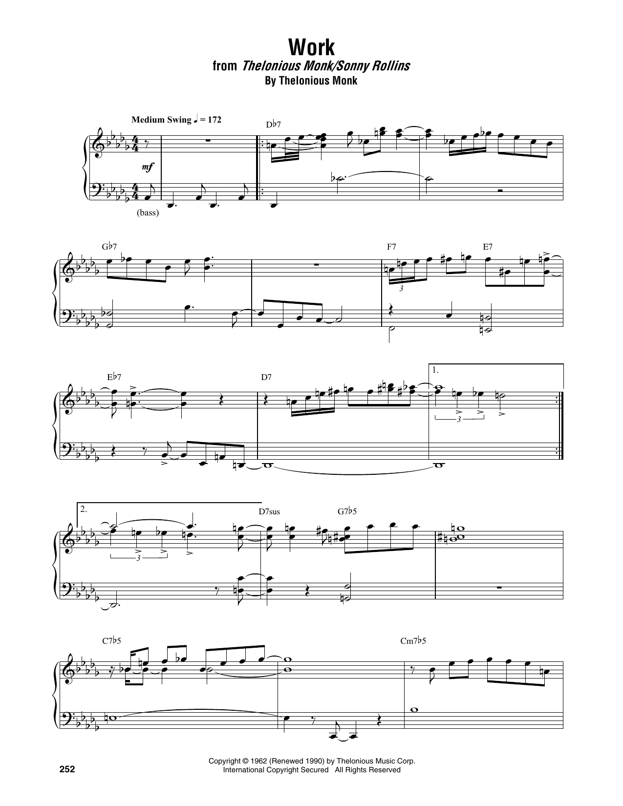 Thelonious Monk Work sheet music notes and chords arranged for Piano Transcription