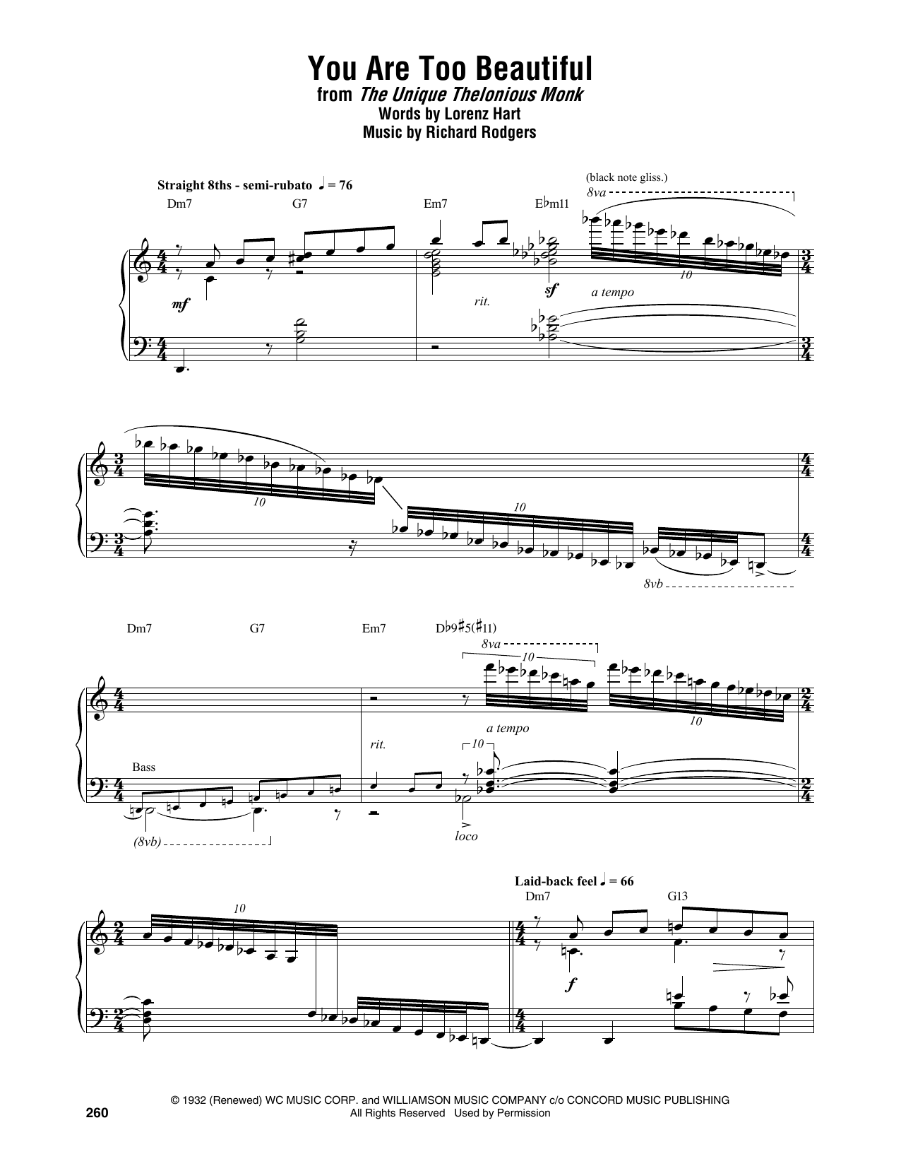 Thelonious Monk You Are Too Beautiful sheet music notes and chords arranged for Piano Transcription