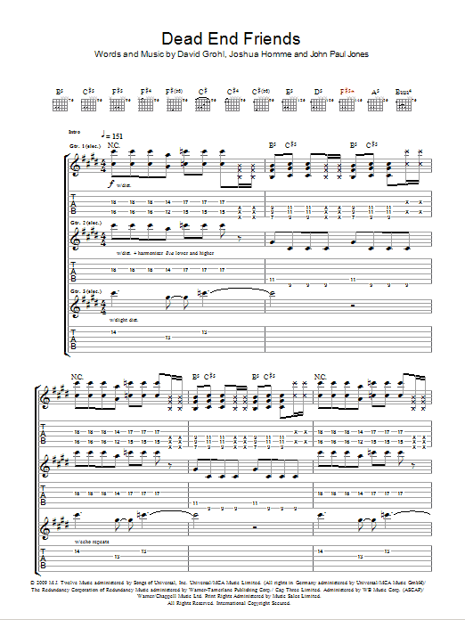 Them Crooked Vultures Dead End Friends sheet music notes and chords arranged for Guitar Tab
