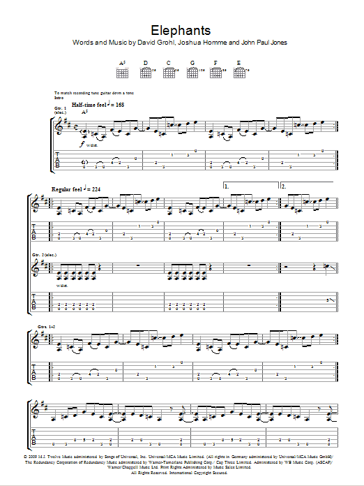 Them Crooked Vultures Elephants sheet music notes and chords arranged for Guitar Tab