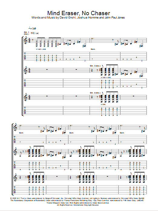 Them Crooked Vultures Mind Eraser, No Chaser sheet music notes and chords arranged for Guitar Tab