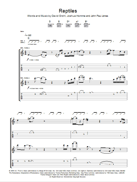 Them Crooked Vultures Reptiles sheet music notes and chords arranged for Guitar Tab