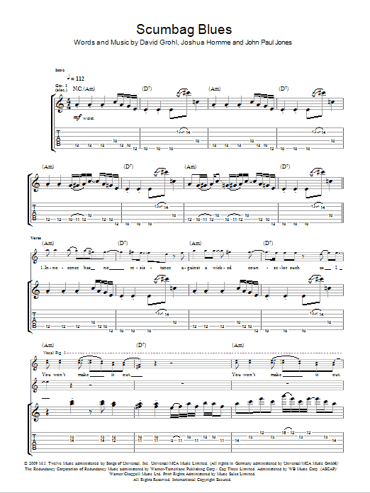 Them Crooked Vultures Scumbag Blues sheet music notes and chords arranged for Guitar Tab