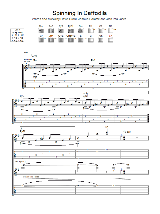 Them Crooked Vultures Spinning In Daffodils sheet music notes and chords arranged for Guitar Tab