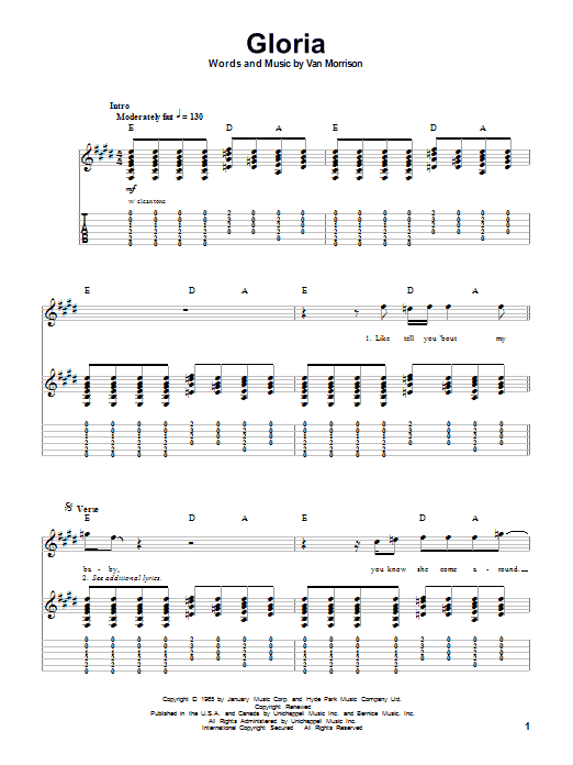 Them Gloria sheet music notes and chords arranged for Guitar Tab (Single Guitar)