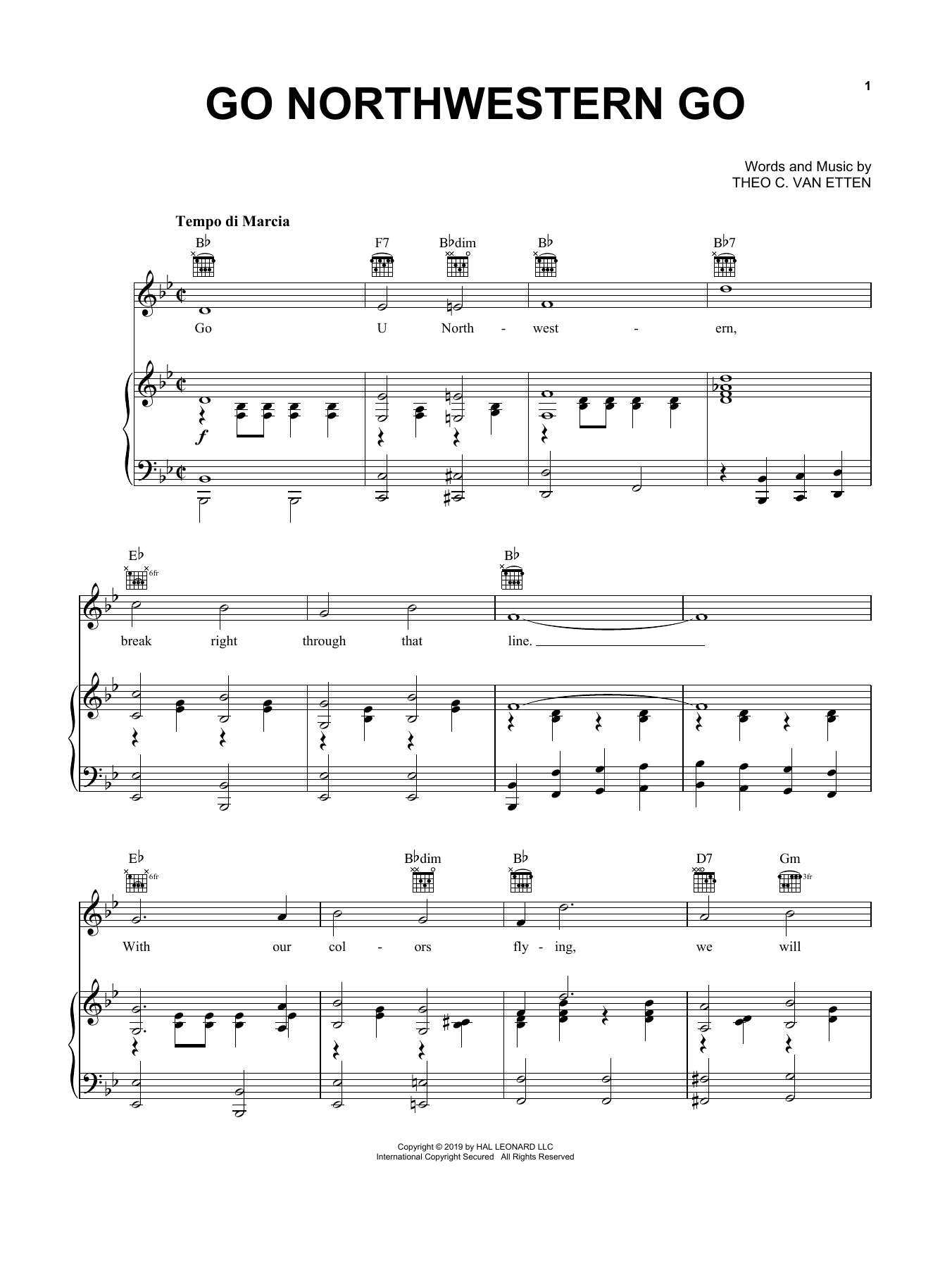 Theo C. Van Etten Go Northwestern Go (Go U Northwestern) sheet music notes and chords arranged for Piano, Vocal & Guitar Chords (Right-Hand Melody)