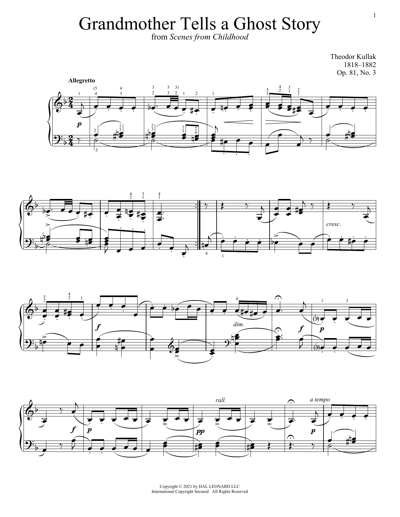 Theodor Kullak Grandmother Tells A Ghost Story, Op. 81, No. 3 sheet music notes and chords arranged for Piano Solo