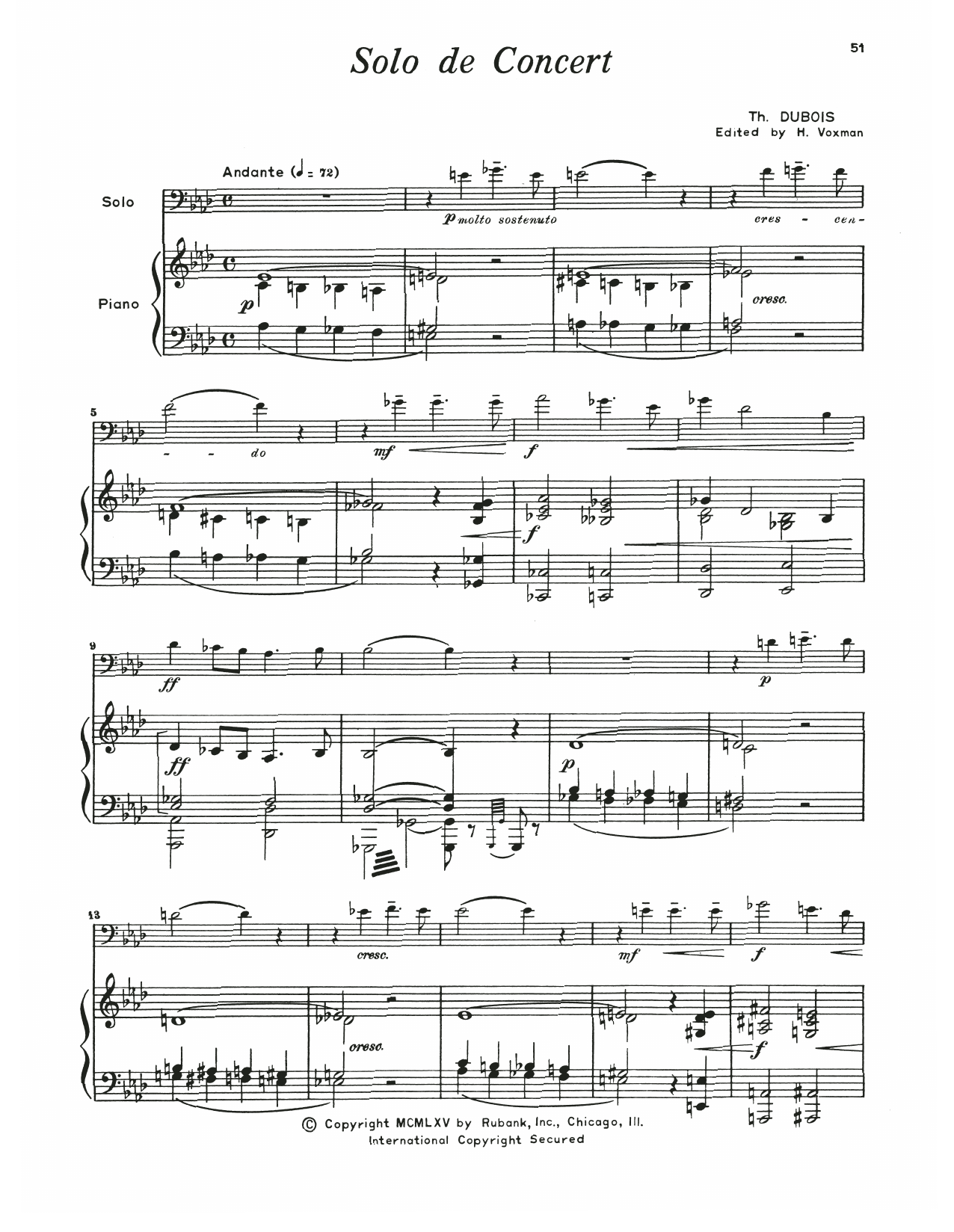 Théodore Dubois Solo De Concert sheet music notes and chords arranged for Trombone and Piano