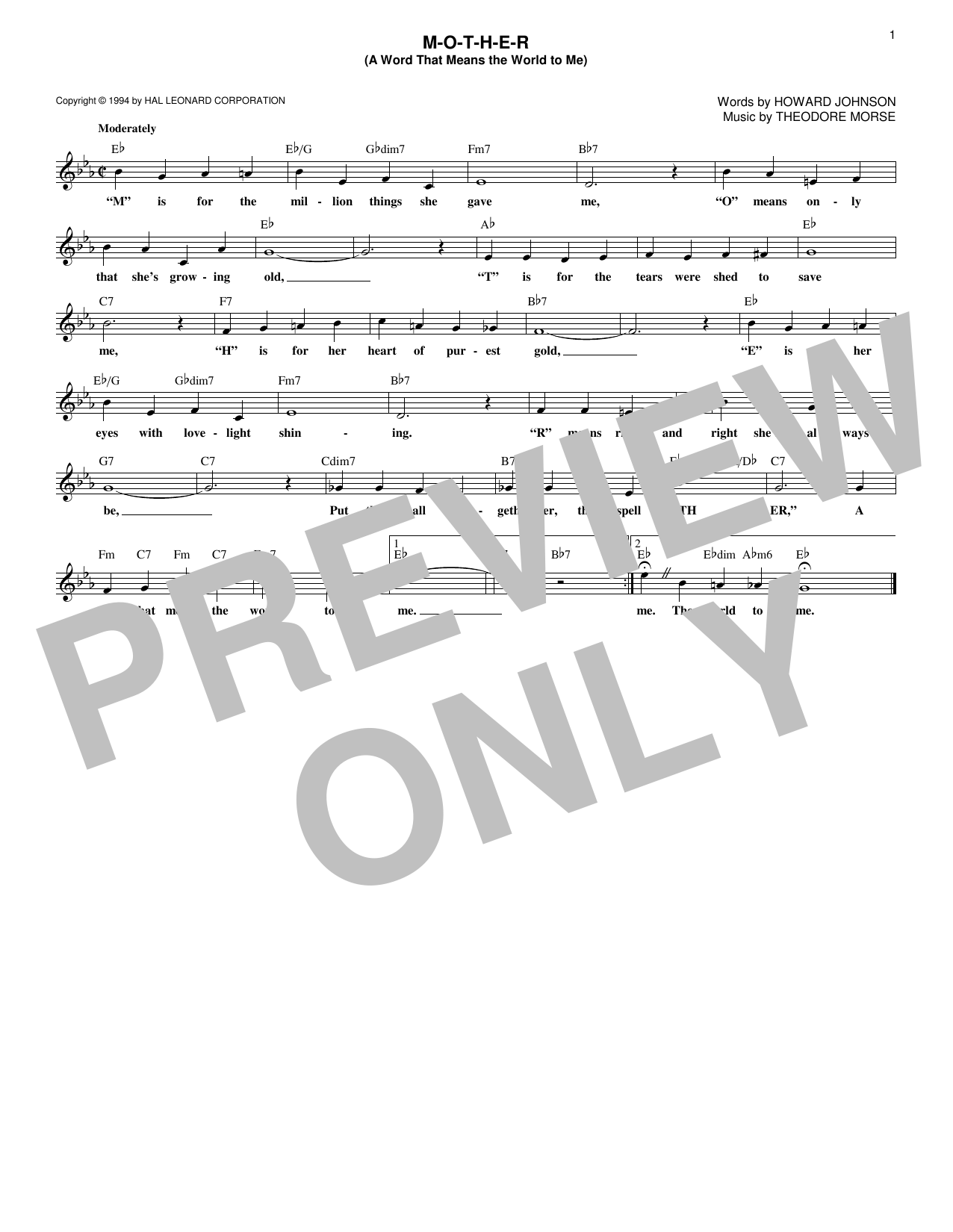 Theodore F. Morse M-O-T-H-E-R (A Word That Means The World To Me) sheet music notes and chords arranged for Lead Sheet / Fake Book