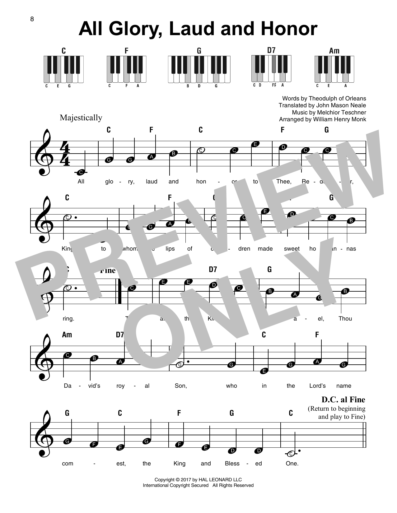 Theodulph of Orleans All Glory, Laud And Honor sheet music notes and chords arranged for Super Easy Piano