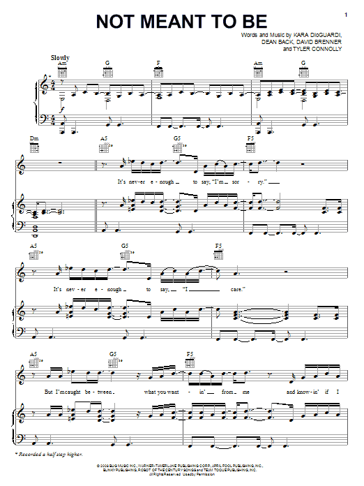 Theory Of A Deadman Not Meant To Be sheet music notes and chords arranged for Piano, Vocal & Guitar Chords (Right-Hand Melody)